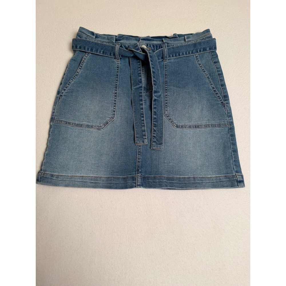 Blue Spice Denim Paperbag Waist Mini Skirt Medium Wash Tie Belt Size 9
